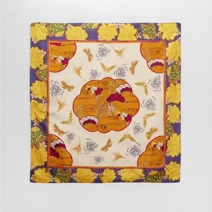 NWOT. Zara Yellow/Purple 100% Silk Printed Scarf.